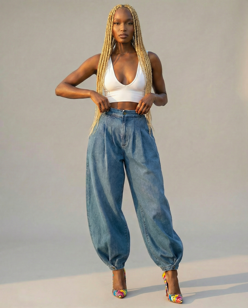 High Waist Balloon Jeans With Button Cuff
