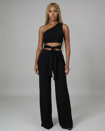 Black Tie Front Slinky One Shoulder Wide Leg Jumpsuit