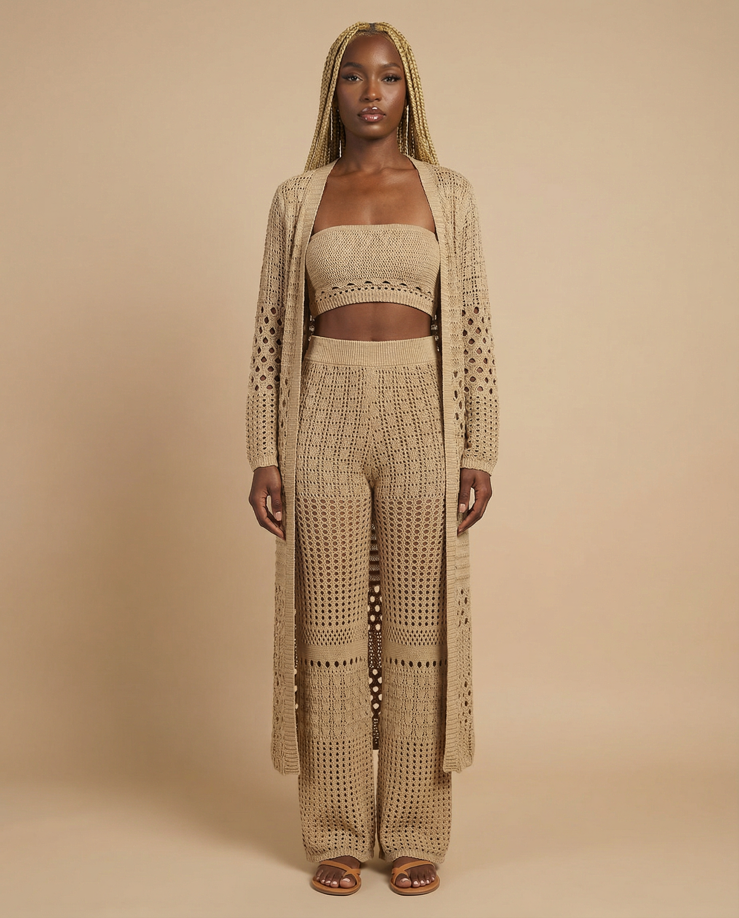 Crochet 3-Piece Pant Set with Duster Cardigan