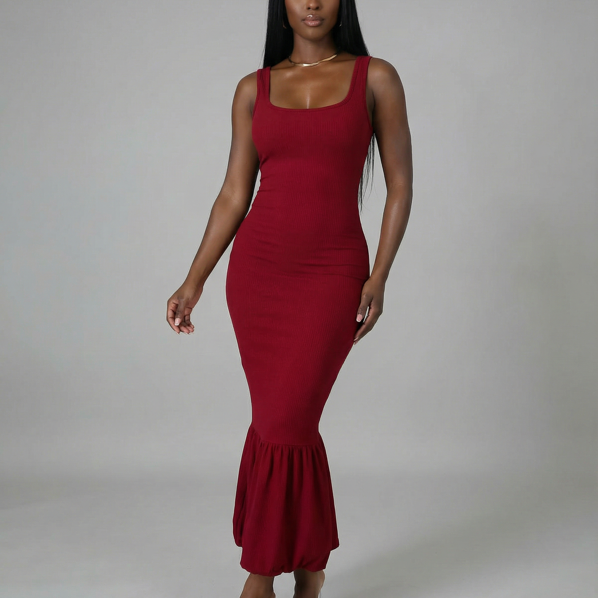 Sleeveless ribbed mermaid bubble hem dress