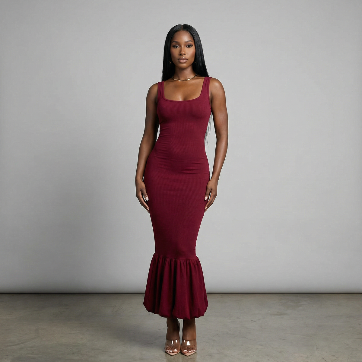 Sleeveless ribbed mermaid bubble hem dress