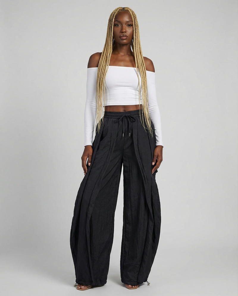 Black Wide Leg Drawstring Pants