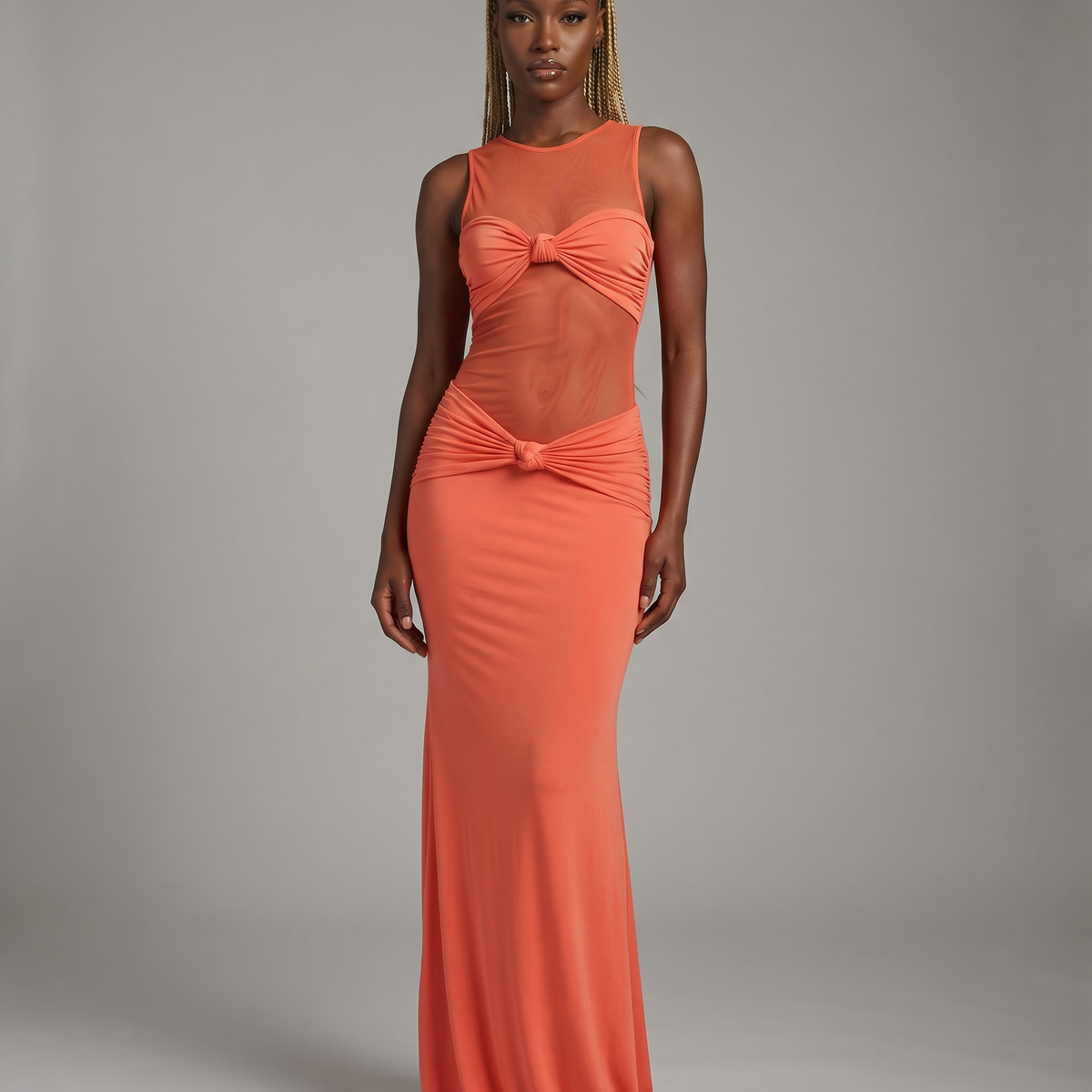Coral Knot Mesh Cutout Maxi Dress