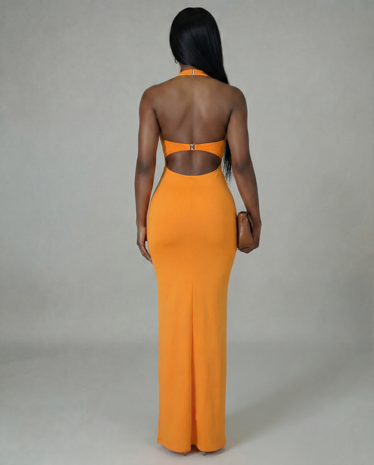 Orange Ruched Halter Maxi Dress