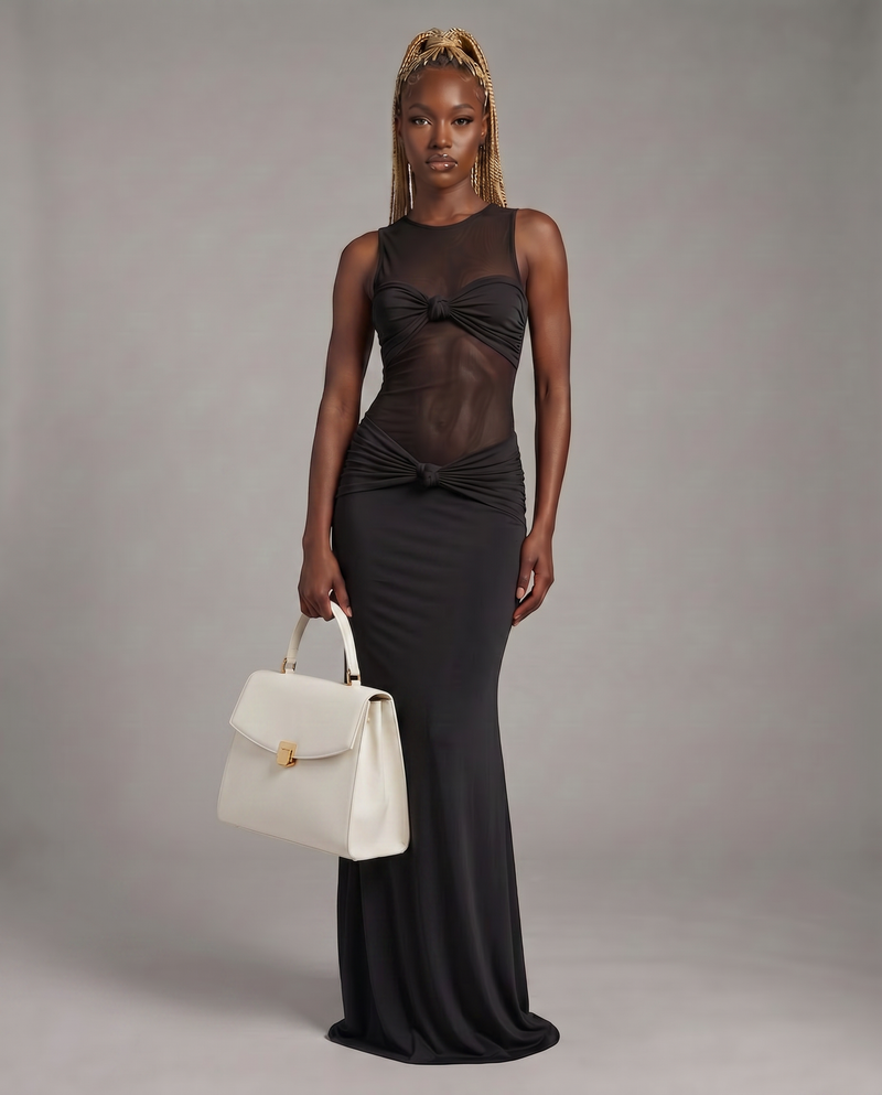 Black Knot Mesh Cutout Maxi Dress