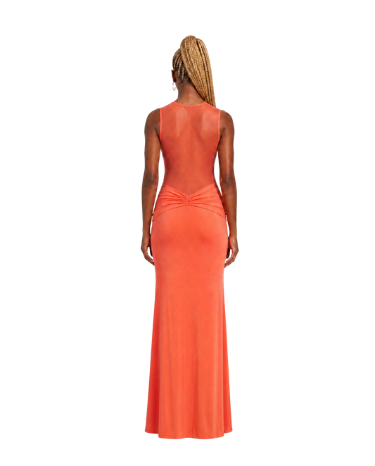 Coral Knot Mesh Cutout Maxi Dress