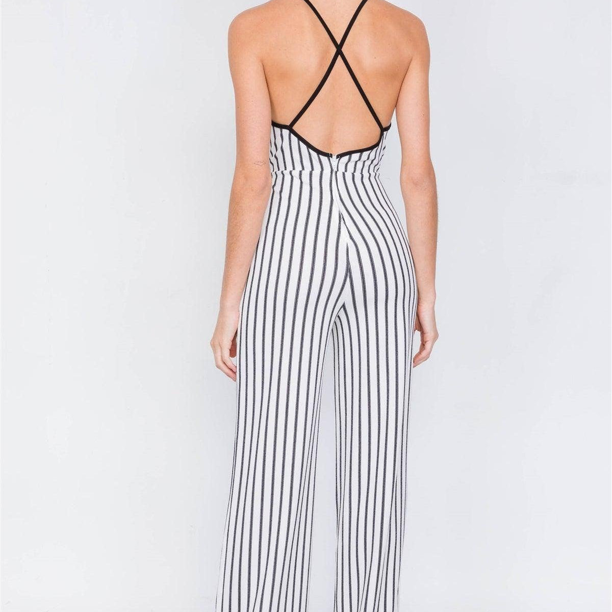 White & Black Trim Stripe V-Neck Criss-Cross Strap Back Jumpsuit