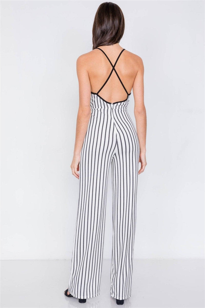 White & Black Trim Stripe V-Neck Criss-Cross Strap Back Jumpsuit