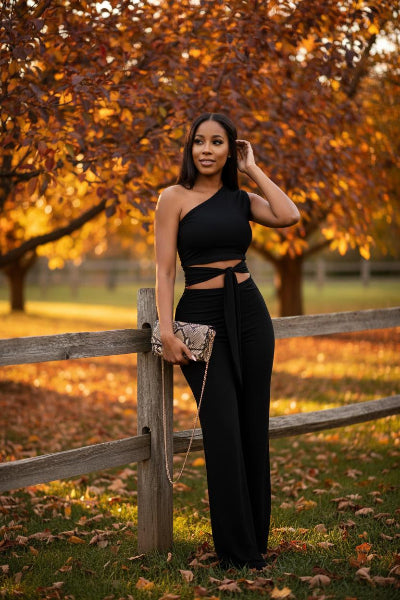 Black Tie Front Slinky One Shoulder Wide Leg Jumpsuit