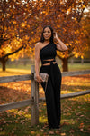 Black Tie Front Slinky One Shoulder Wide Leg Jumpsuit