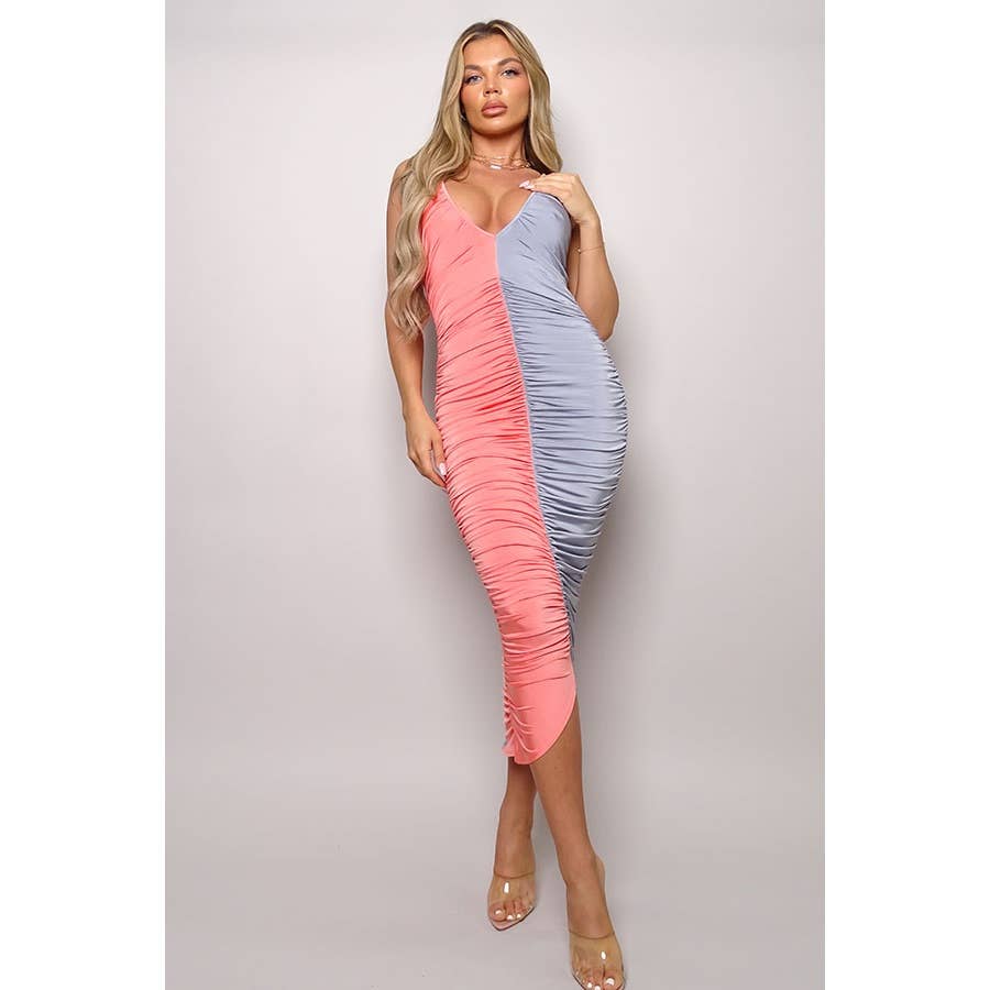 DEUX COLORBLOCKED RUCHED MIDI DRESS