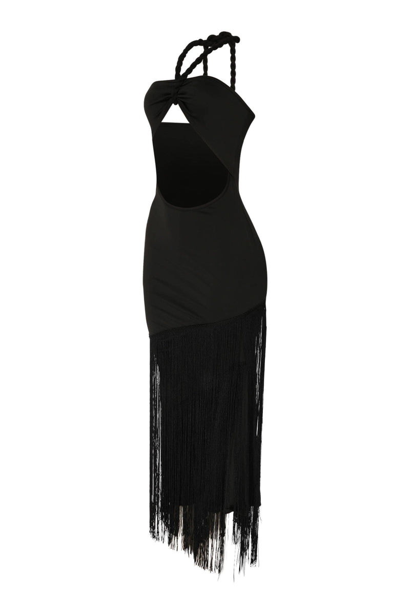 Fringe Trim Halter Neck Maxi Dress