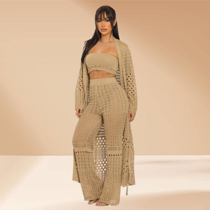 Crochet 3-Piece Pant Set with Duster Cardigan