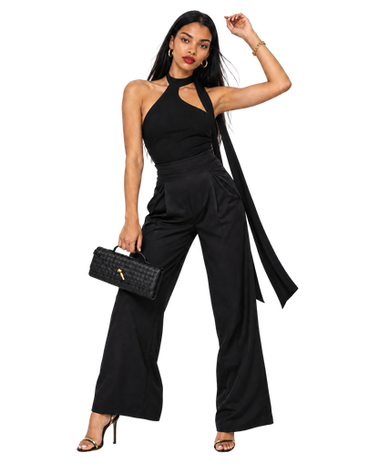 THICK STRETCH WOVEN & MESH JUMPSUIT