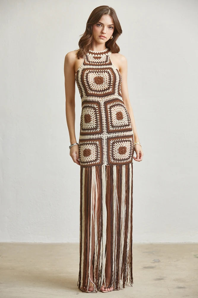 Boho Crochet Fringe Maxi Dress