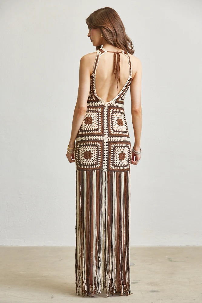 Boho Crochet Fringe Maxi Dress