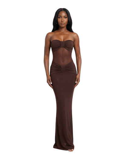 Chocolate Mesh Panel Maxi Dress