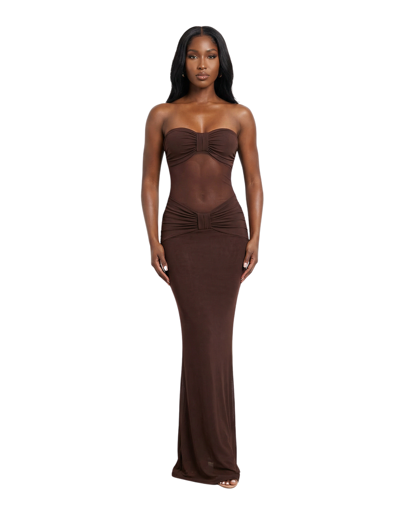 Chocolate Mesh Panel Maxi Dress