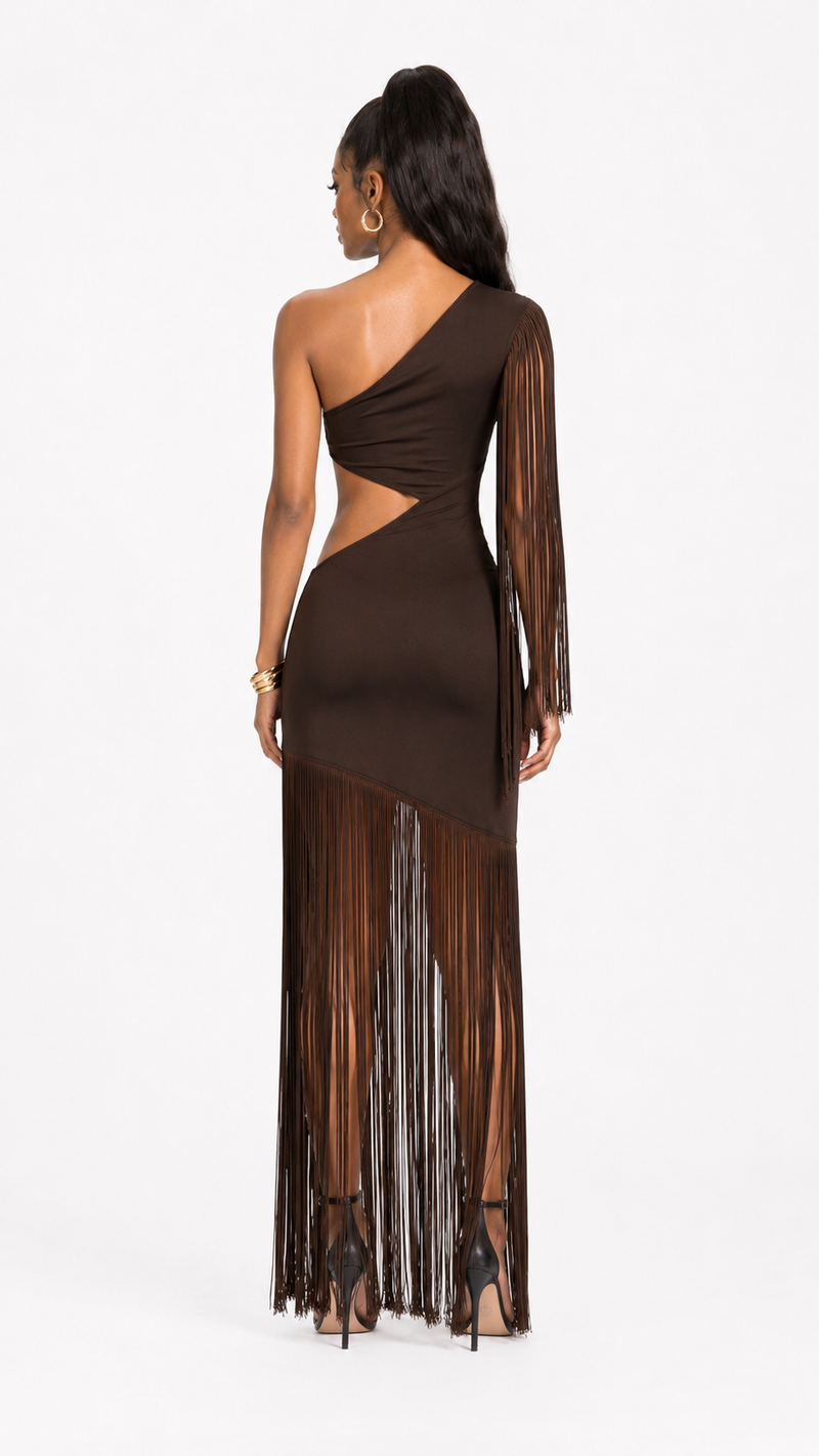 One-Shoulder Fringe Cutout Maxi Dress
