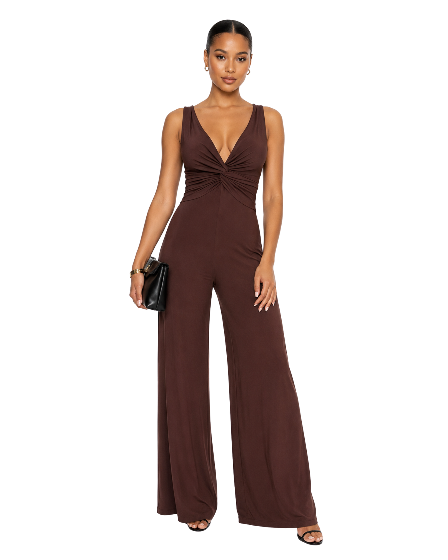Ruched V-Neck Wide Leg Jumpsuit