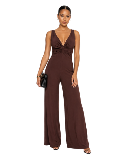 Ruched V-Neck Wide Leg Jumpsuit