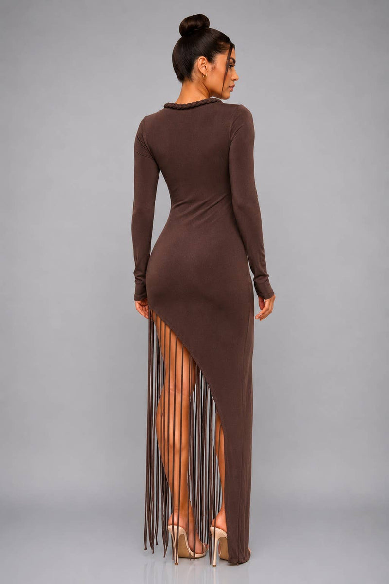 Asymmetrical Fringe Bodycon Maxi Dress