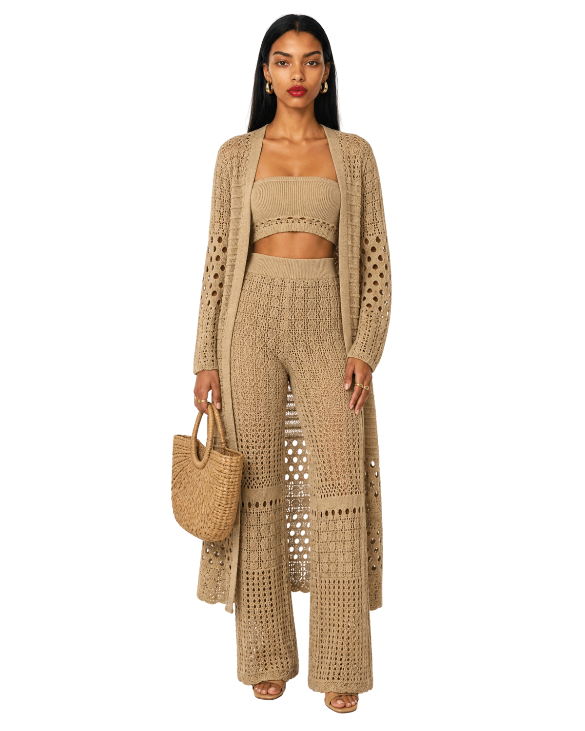 Crochet 3-Piece Pant Set with Duster Cardigan