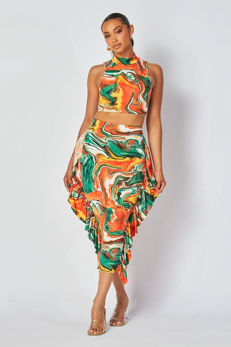 Marble Print Two-Piece Midi Skirt Set