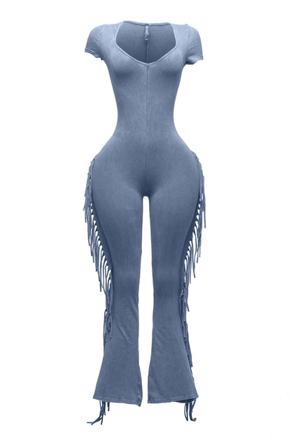 Mineral Washed Fringed Jumpsuit