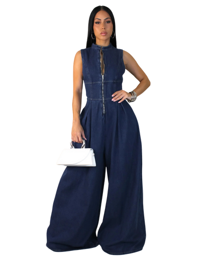 Wide Leg Zip-Front Denim Jumpsuit