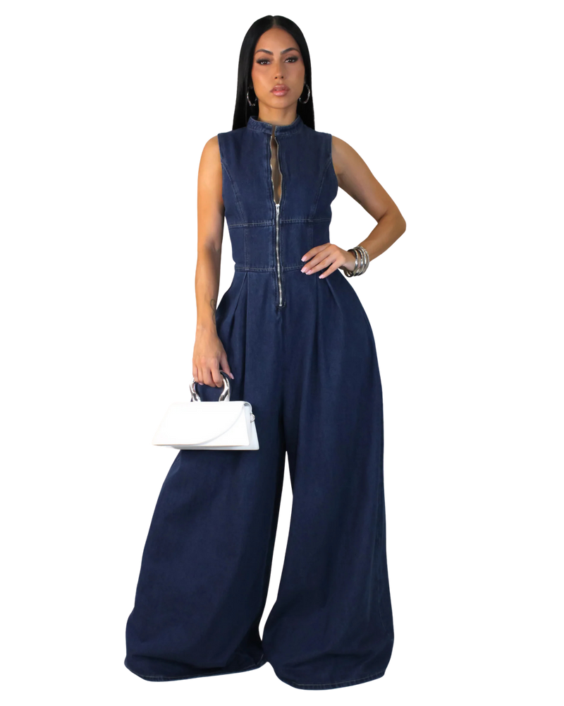 Wide Leg Zip-Front Denim Jumpsuit