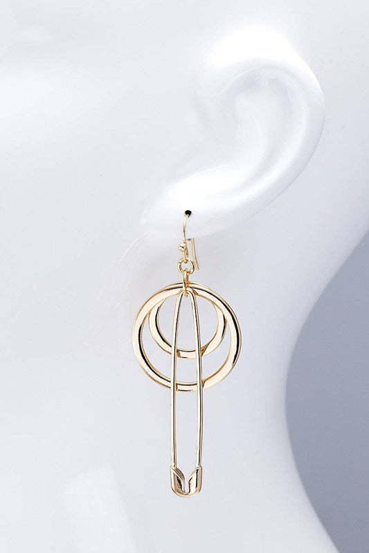 Layered Rings And Safety Pin Motif Dangle Earrings