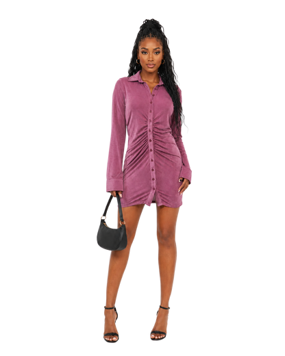 Shirred Button Up Mini Dress
