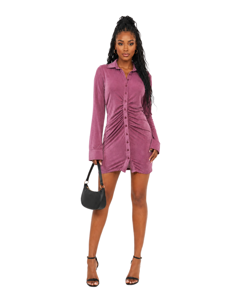 Shirred Button Up Mini Dress