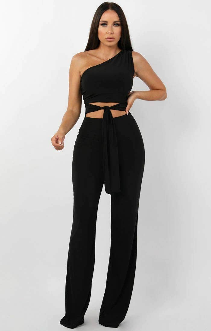 Black Tie Front Slinky One Shoulder Wide Leg Jumpsuit