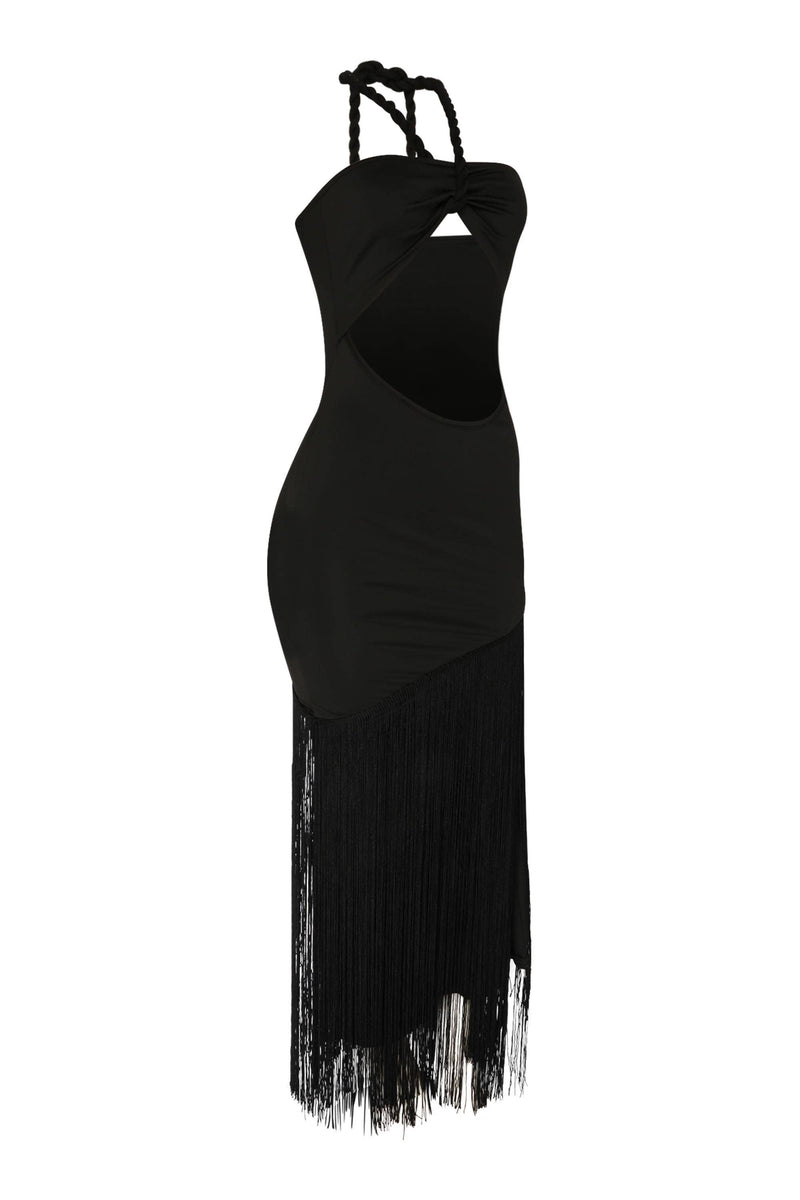 Fringe Trim Halter Neck Maxi Dress
