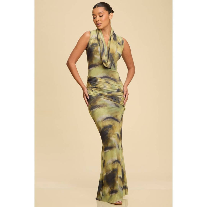 Olive Abstract Mesh Cowl Neck Maxi Dress