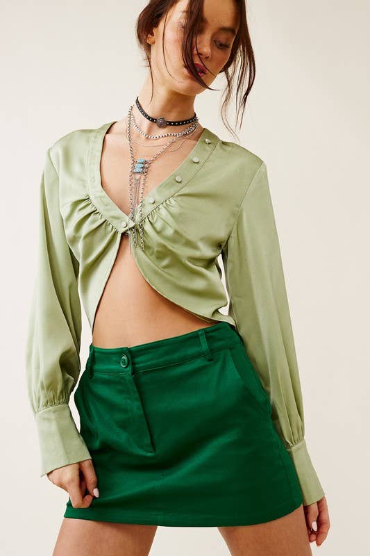Satin Crop Blouse with Button Accents