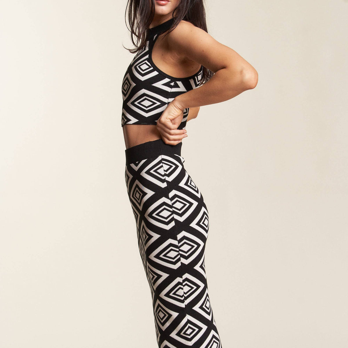 Patterned Knit Crop Tank Skirt Set