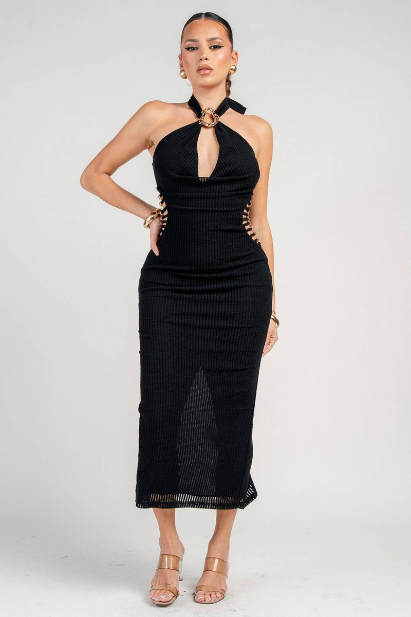 PATTERN KNIT COWL NECK MIDI