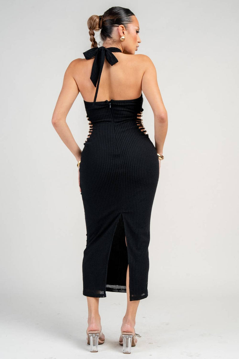 PATTERN KNIT COWL NECK MIDI