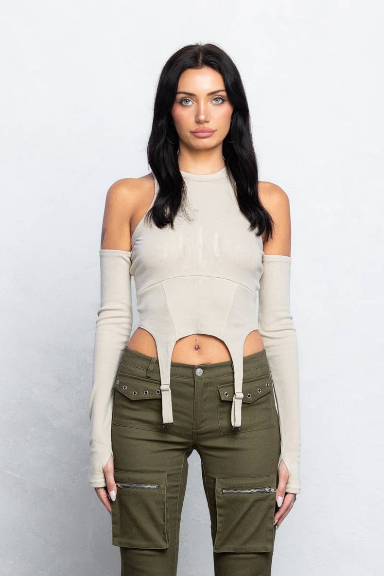 Ribbed buckle detail cami top w/ attached sleeves