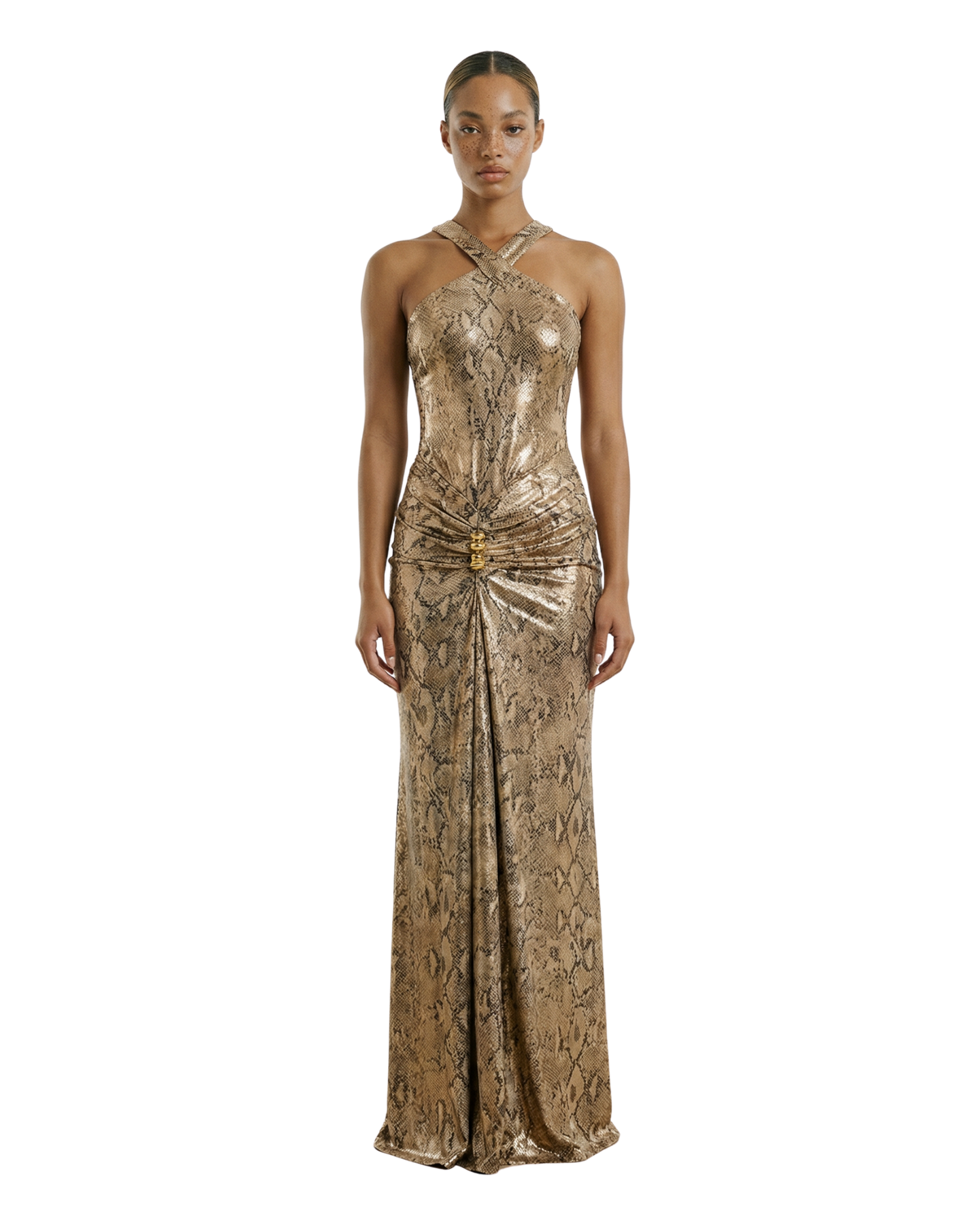 Print Foil Gold Trim Maxi Dress