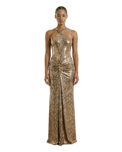 Print Foil Gold Trim Maxi Dress