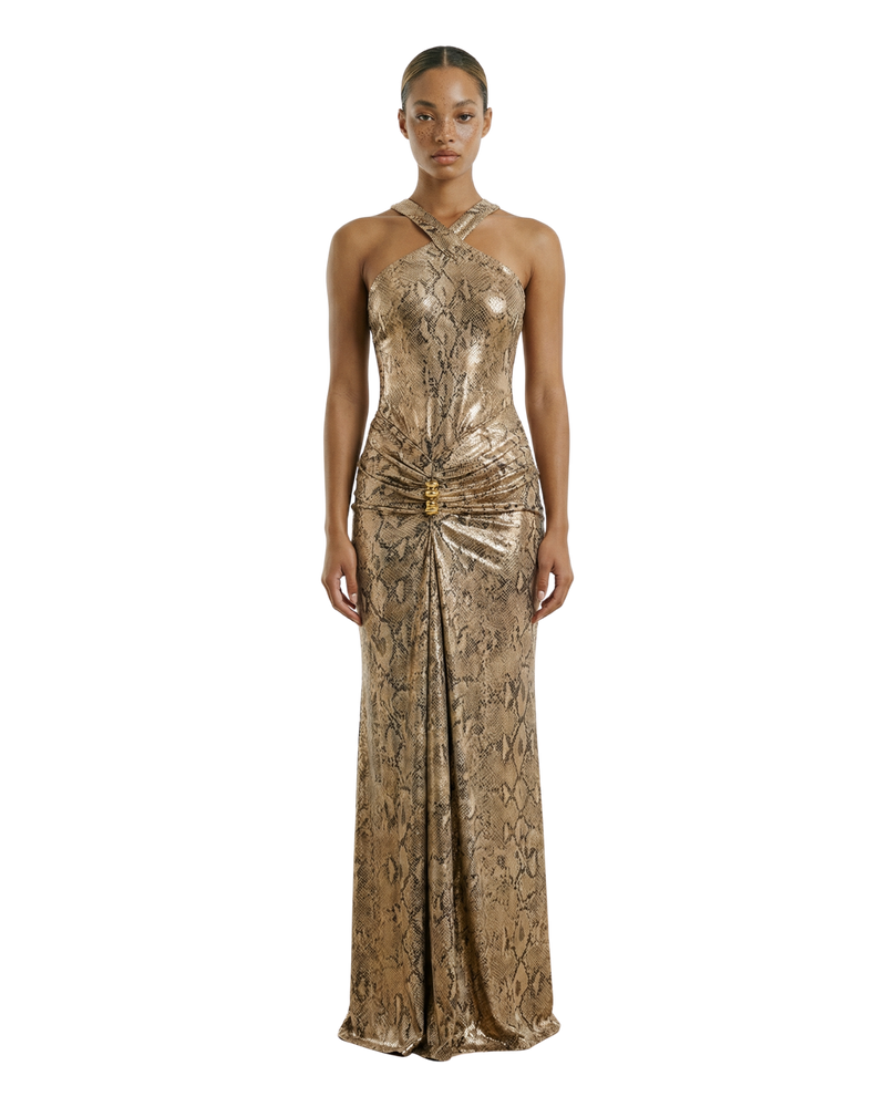 Print Foil Gold Trim Maxi Dress
