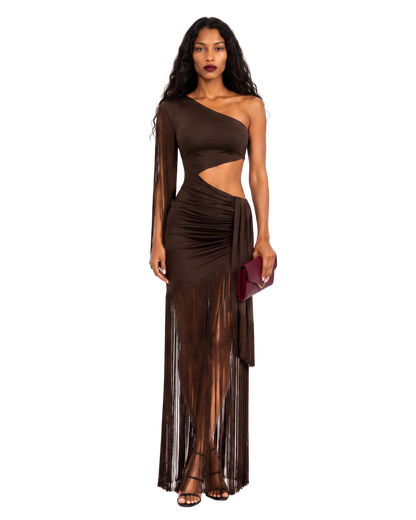 One-Shoulder Fringe Cutout Maxi Dress