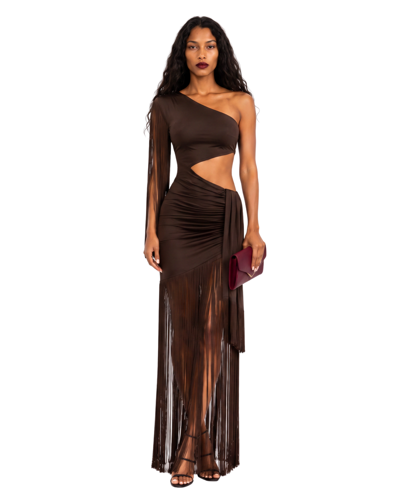 One-Shoulder Fringe Cutout Maxi Dress
