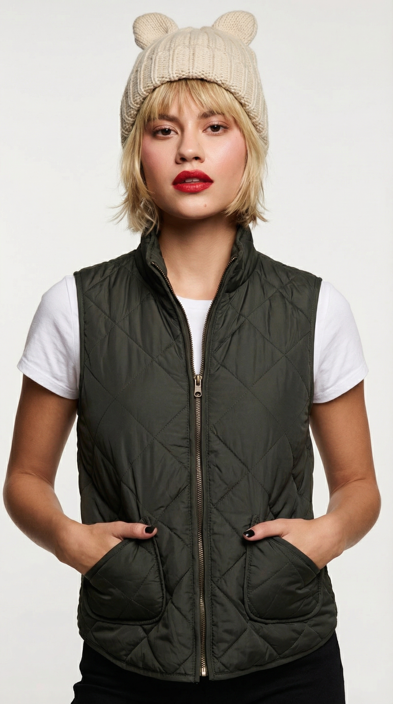 Quilted Puff Two Pockets Zip-Up Turtleneck Vest