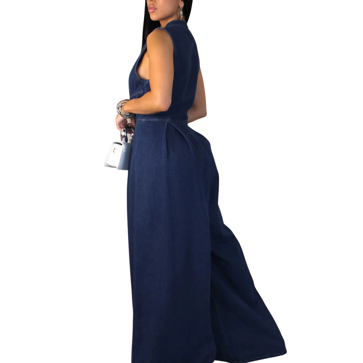 Wide Leg Zip-Front Denim Jumpsuit