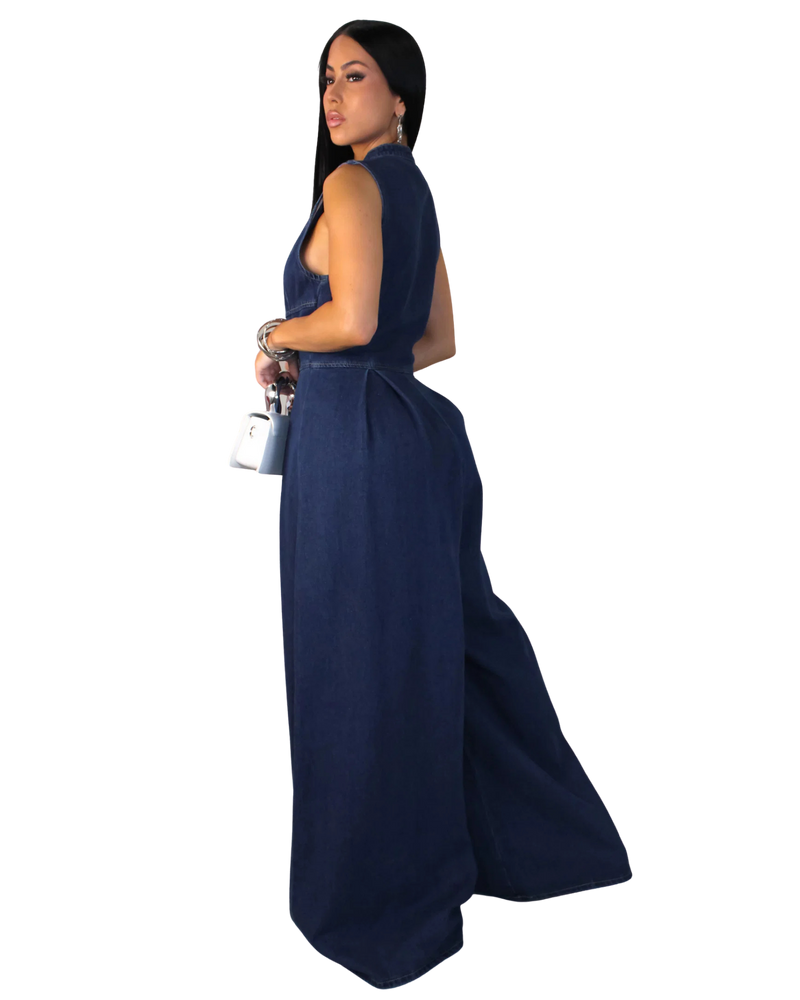 Wide Leg Zip-Front Denim Jumpsuit